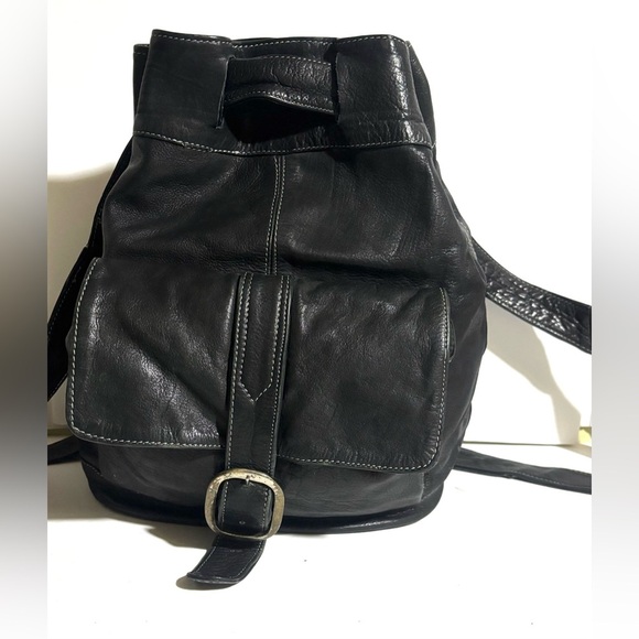 Vintage unisex Black Leather  Backpack - Picture 1 of 6